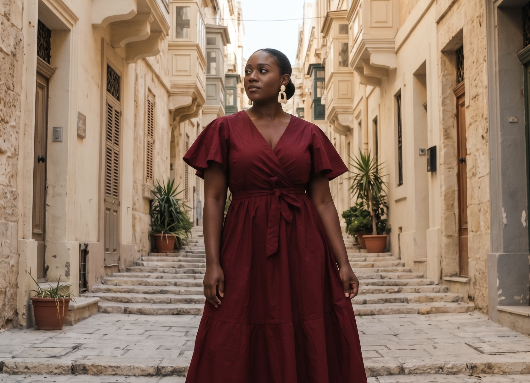 Woman with a full bust in a burgundy wrap dress on a sunlit street